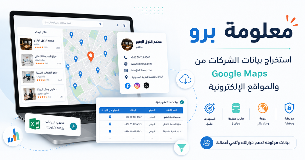 معلومة برو لاستخراج البيانات: أداة احترافية لجمع بيانات المنشآت من Google Maps والمواقع الإلكترونية