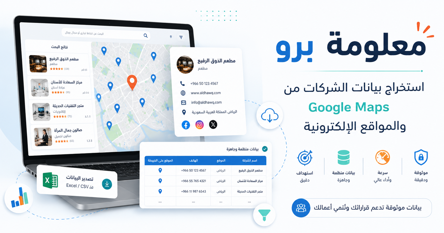 معلومة برو لاستخراج البيانات: أداة احترافية لجمع بيانات المنشآت من Google Maps والمواقع الإلكترونية