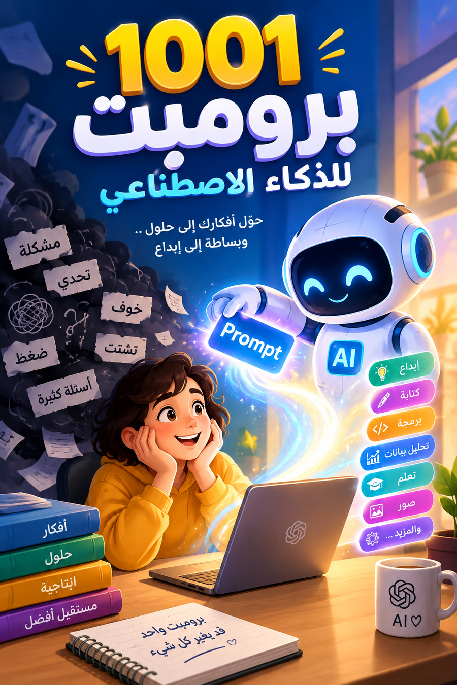 صورة لكتاب 1001 برومبت للأعمال من متجر ماي ستور يوضح غلاف الكتاب باللغة العربية حول توظيف الذكاء الاصطناعي في العمل