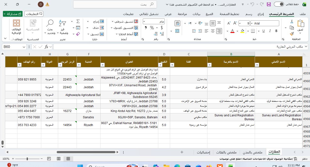 صورة لقائمة بيانات 4967 شركة عقارات سعودية من نوع شركة عقارات سعودية، تظهر على شاشة كمبيوتر.